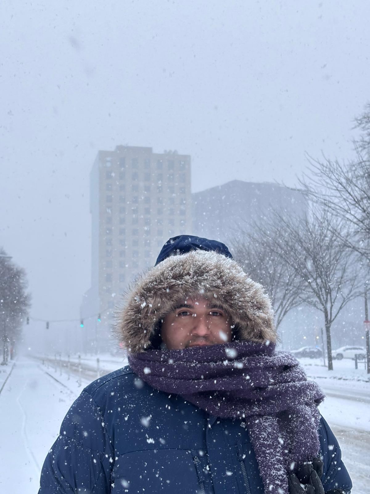 Diego surviving a Boston blizzard