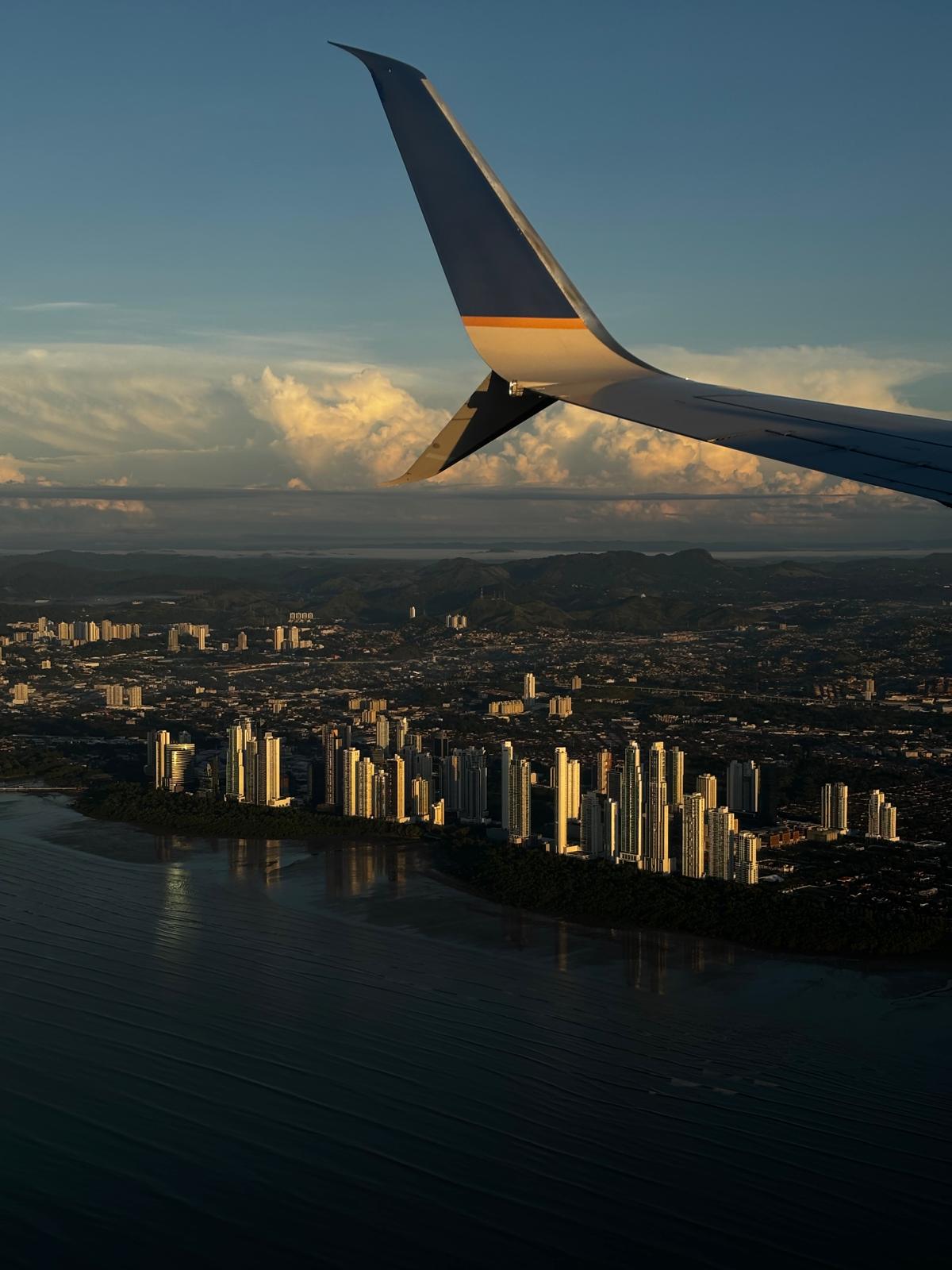 Airplane view of coastal city